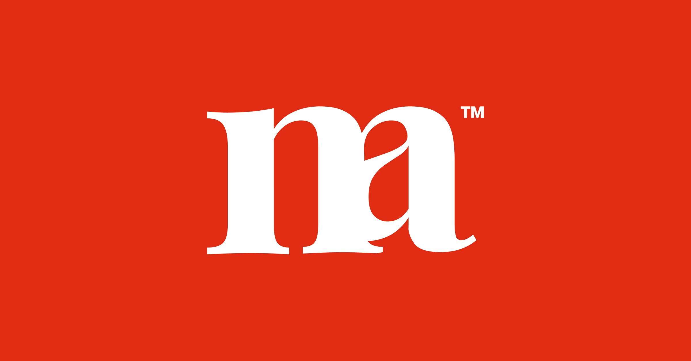 The Marceting monogram, an m and a drawn as one ligature, reversed in white on vermillion red.