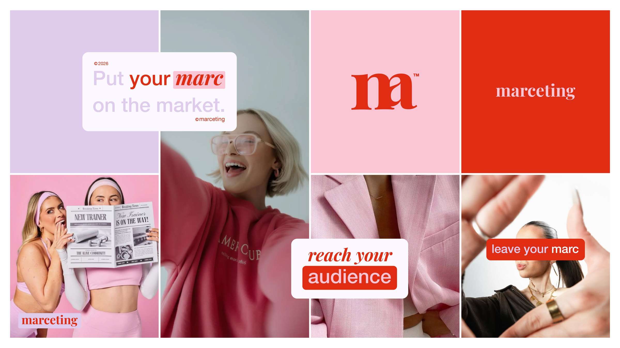 Identity system laid out as tiles: the wordmark on red, the monogram on pink, and caption blocks reading put your marc on the market and leave your marc.