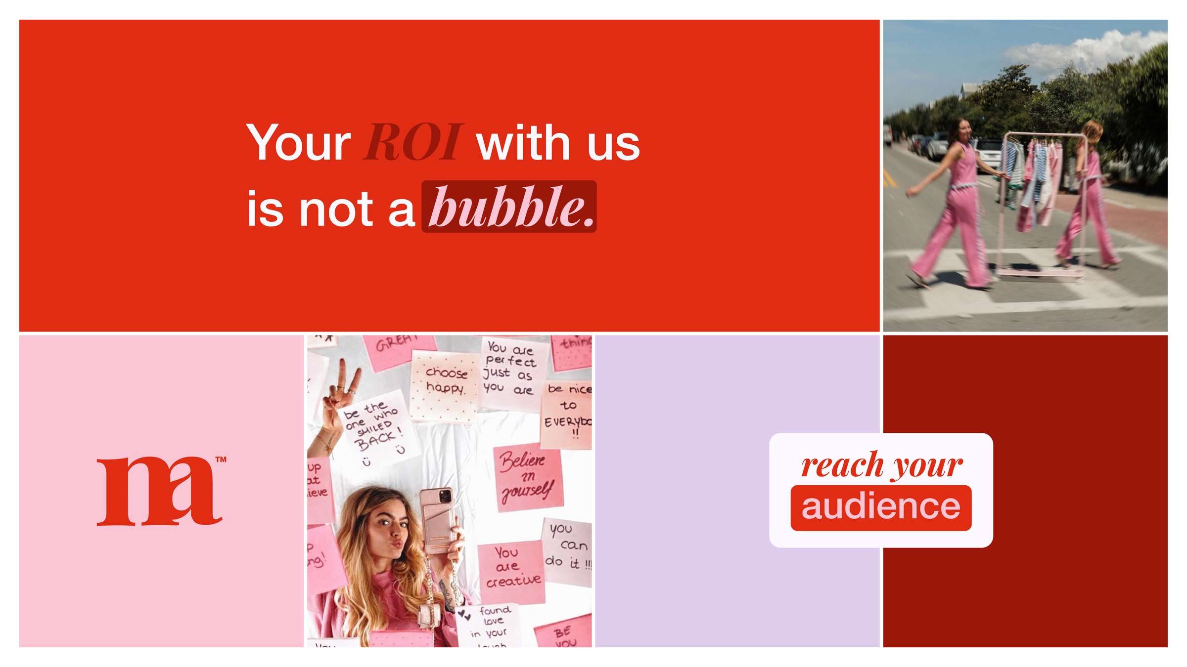 Headline reading your ROI with us is not a bubble, set in white on vermillion with the word bubble marked by a darker red highlight block.