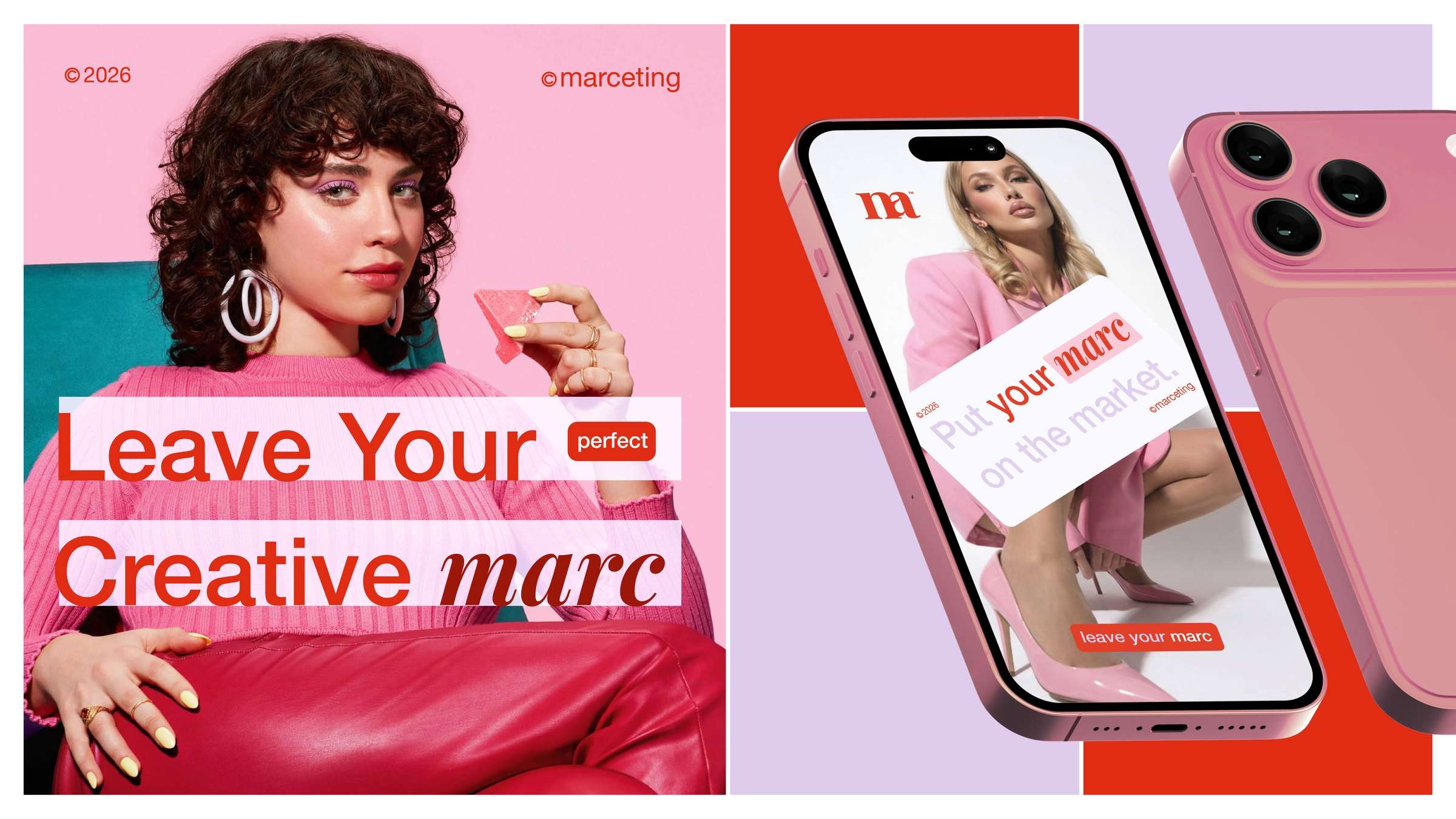 The identity applied to a social post and a phone screen, with rotated caption blocks over photography.