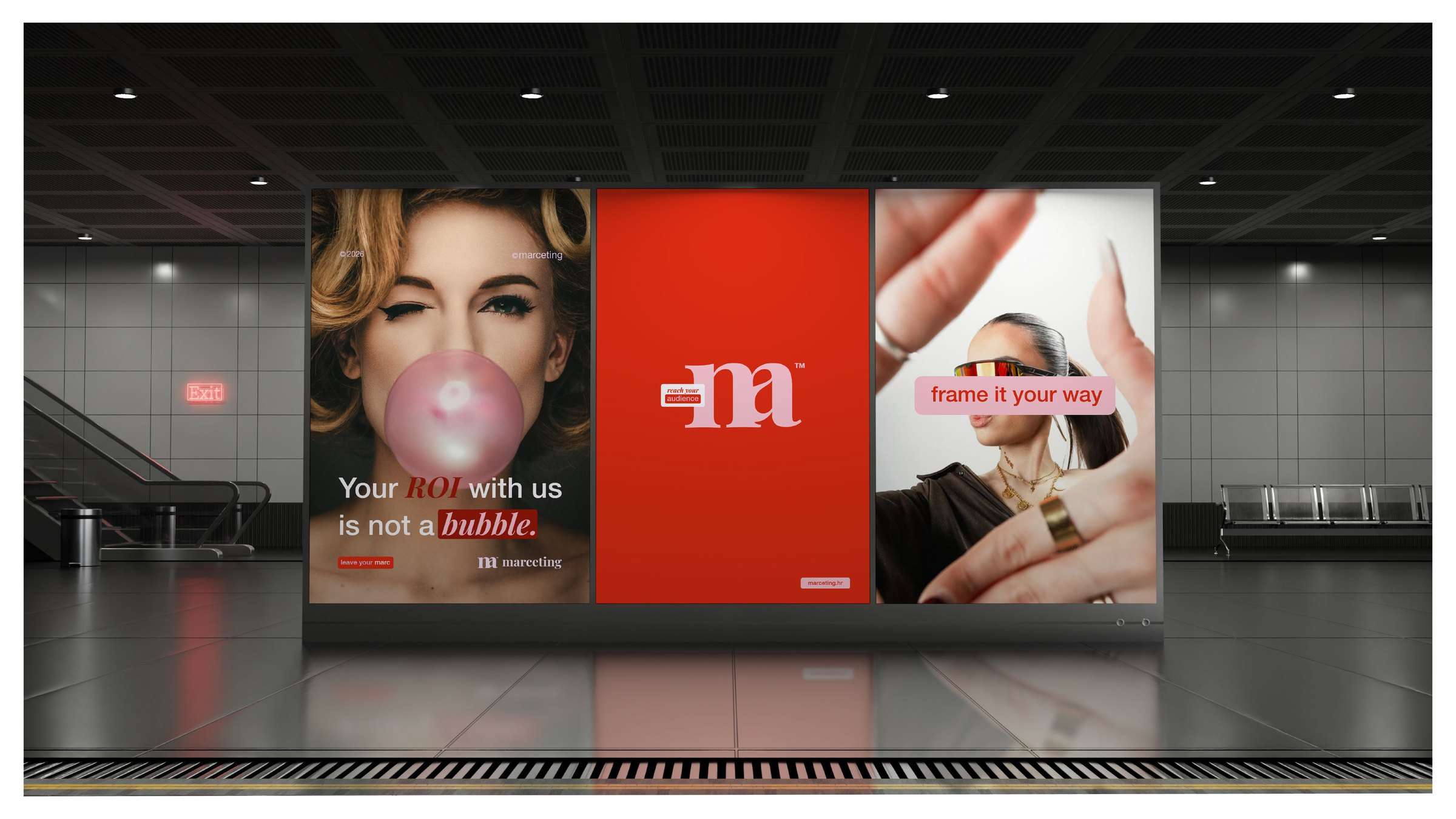 Three-panel transit poster site carrying the identity: the bubble headline, the monogram on vermillion, and a caption block reading frame it your way.