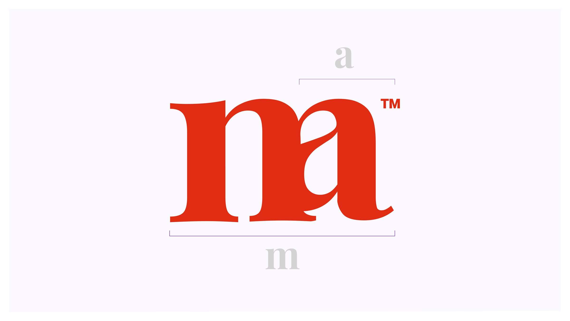 Construction diagram of the monogram, showing the lowercase m and a bracketed above and below the single combined ligature.