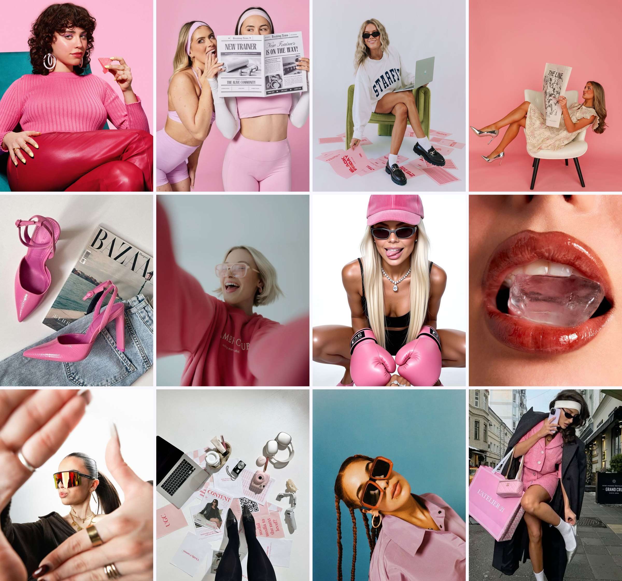Twelve-frame grid setting the image direction: high-key studio and street photography, pink dominant, expressive and social first.
