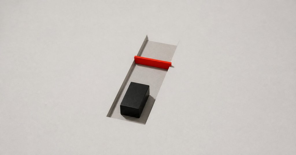 A black block advancing along a pale channel, halted by a single red bar laid across its path.