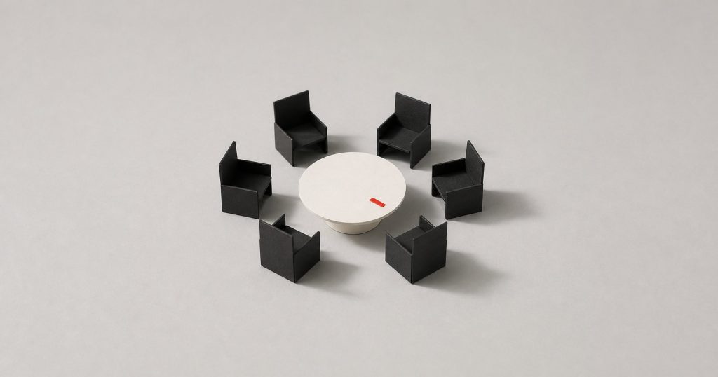 Six black chairs arranged in a ring around a pale round table with one small red marker resting on it.